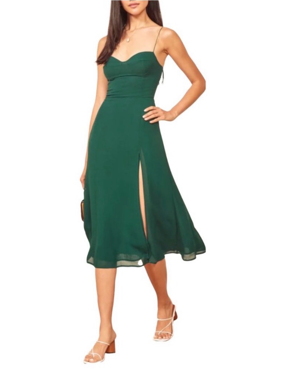 Reformation Emerald Green Spaghetti Strap Midi Dress with High Slit - Picture 8 of 8